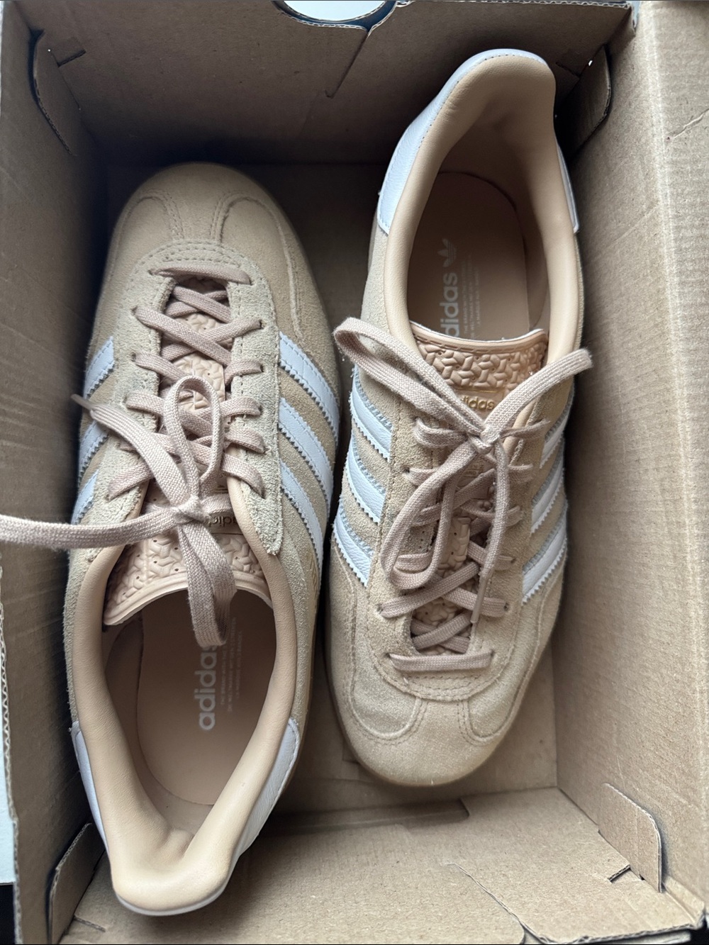 adidas Women’s Suede Gazelle Sneakers in Beige with White Stripes